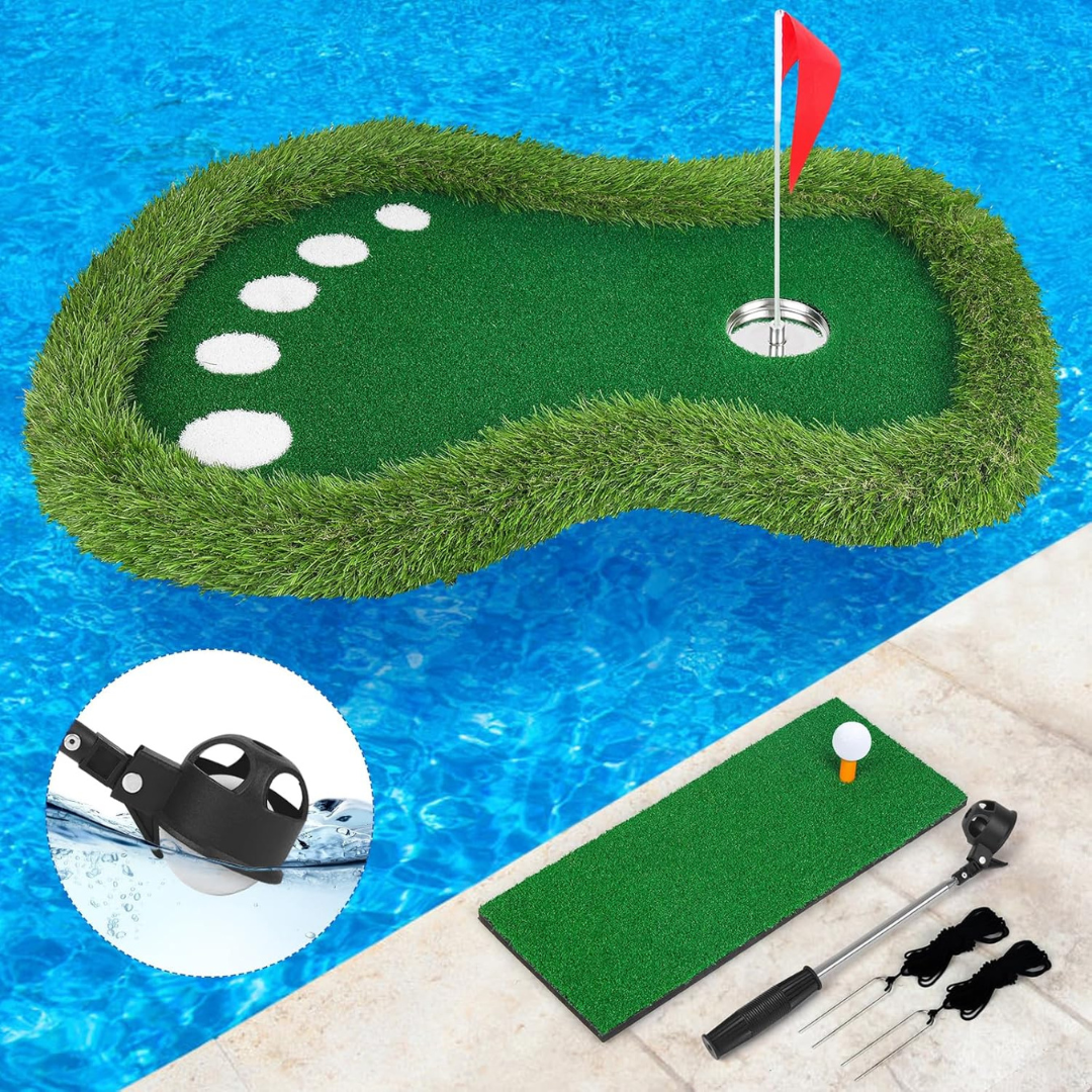 ™Golfora | סט משחק גולף צף לבריכה, שטיח חבטות עם מחזיר כדורים, עיצוב קלאסי